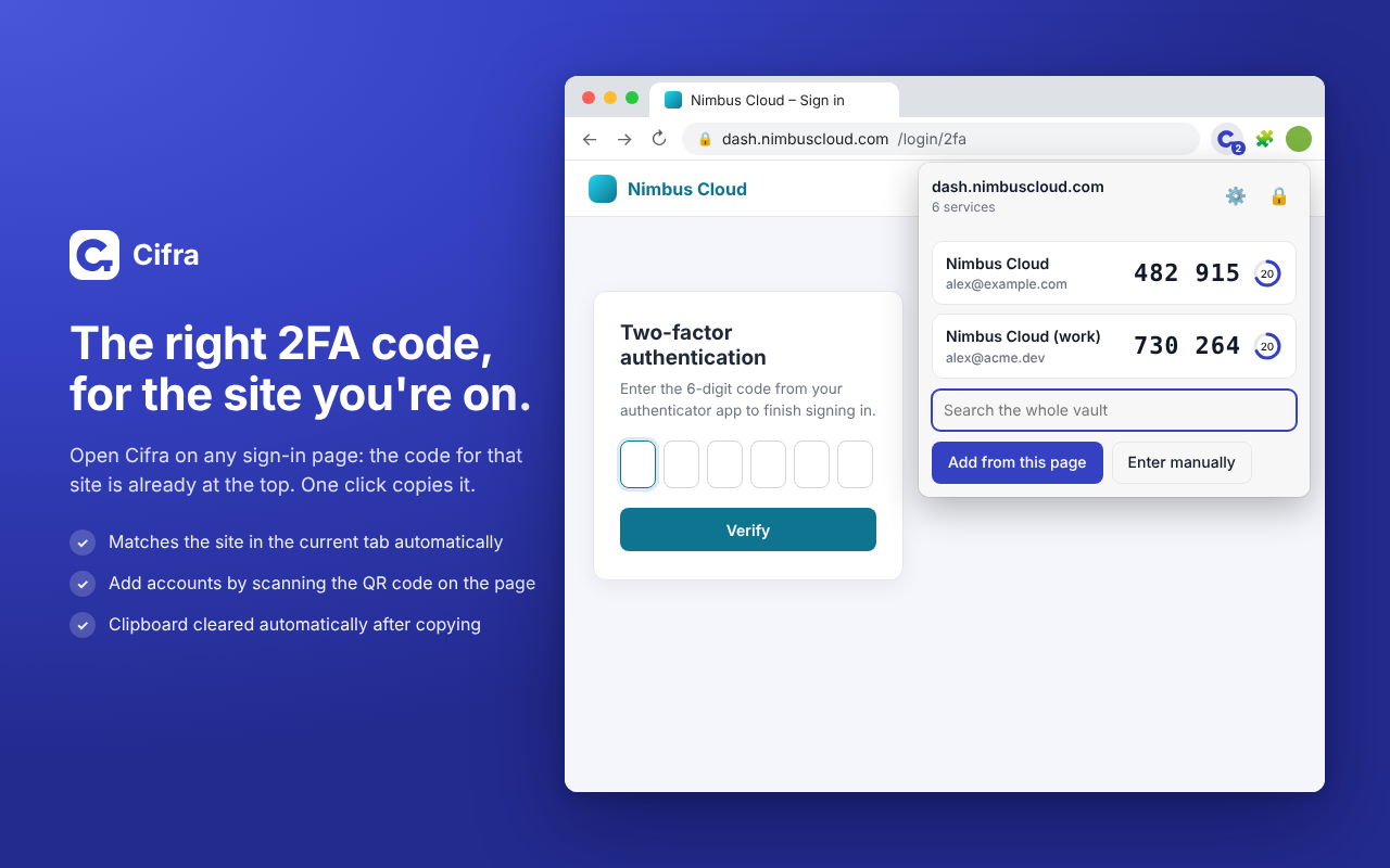 Cifra popup on a sign-in page, showing the 2FA codes linked to the current site