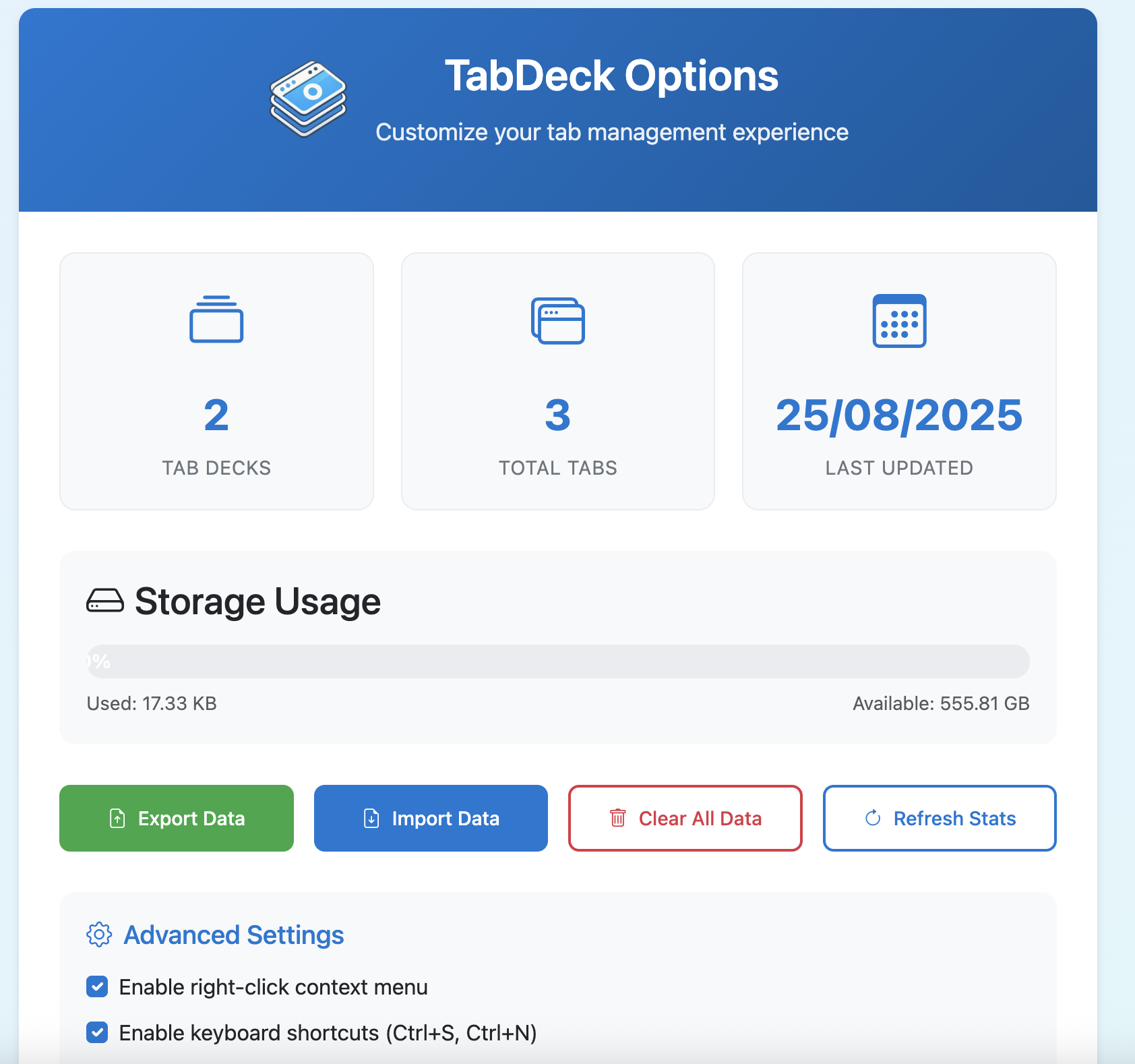 TabDeck Settings Panel
